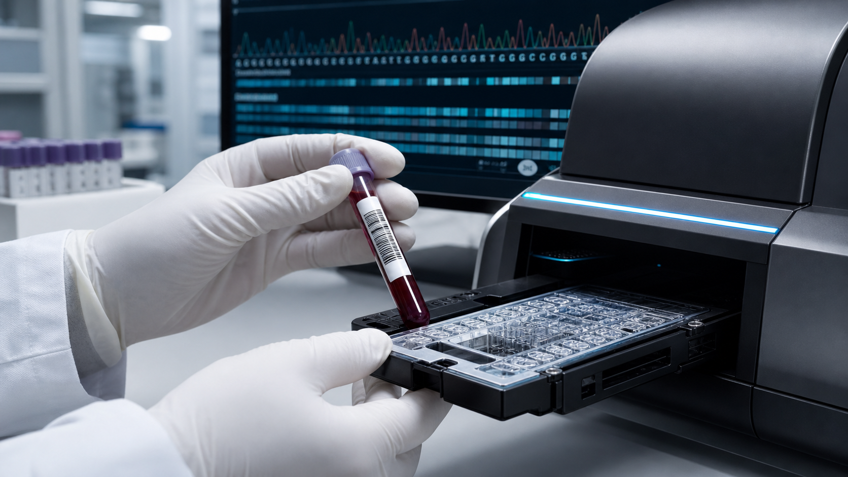 Illustrative molecular laboratory with specimen tube and analyser